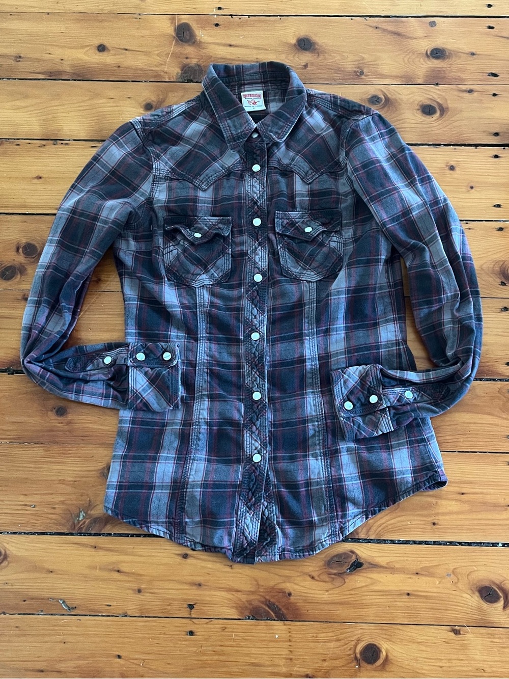 True Religion Gray and Maroon Plaid Button-Up Shirt